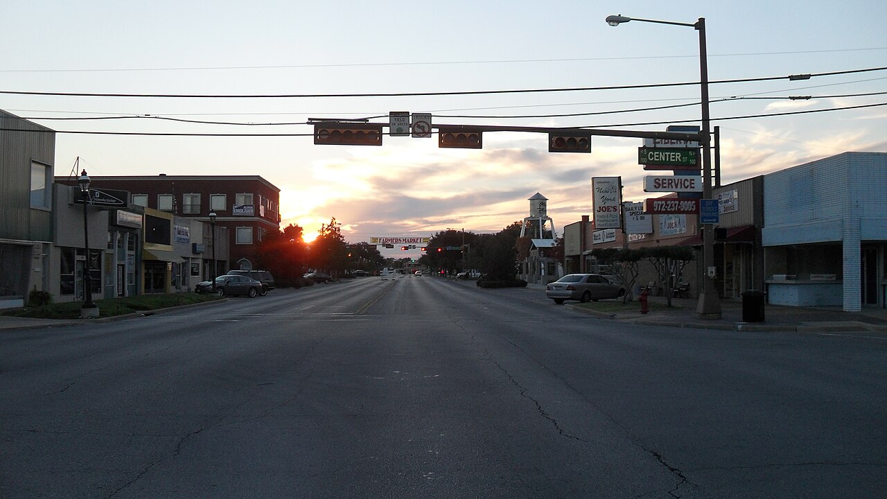 Main Street in Grand Prairie, Texas, at dusk