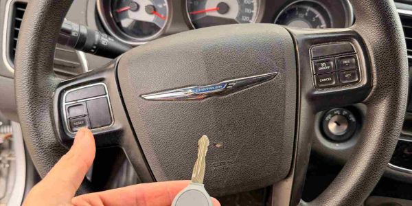 Automotive locksmith in Euless TX holding a newly cut car key after on site key replacement service